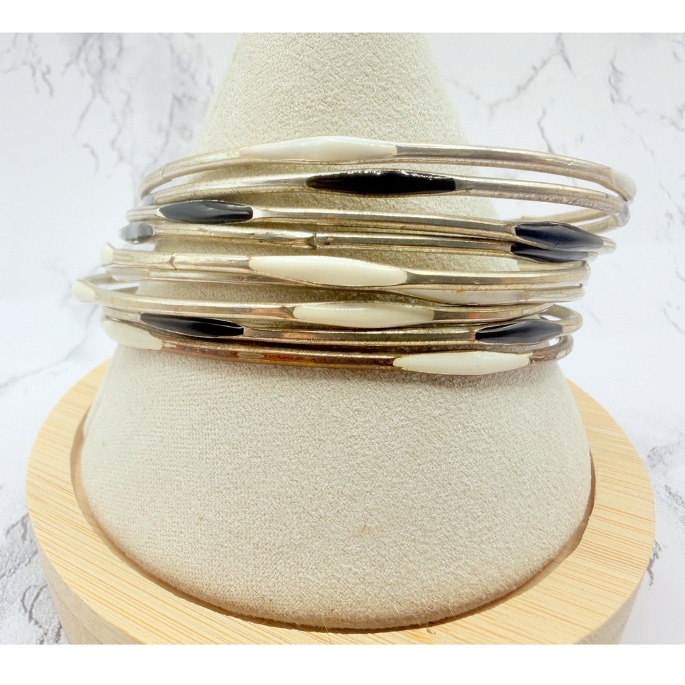9 Gold Tone Slim Bangle Bracelets Black Cream Accent Stack 10"